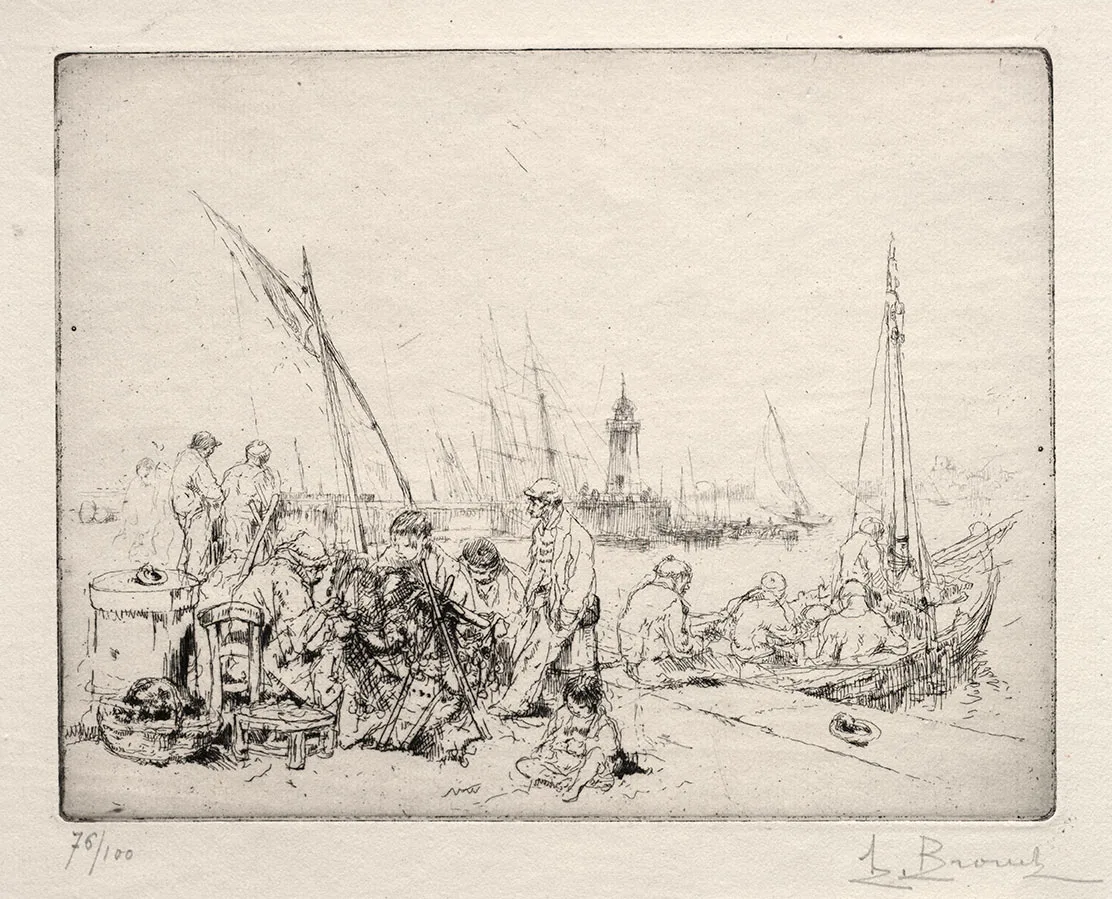 布鲁埃蚀刻版画《修补渔网的工人》