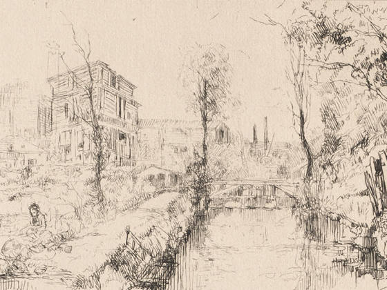 布鲁埃蚀刻版画《带桥与孩童的风景》