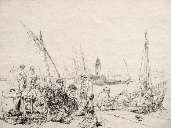 布鲁埃蚀刻版画《修补渔网的工人》