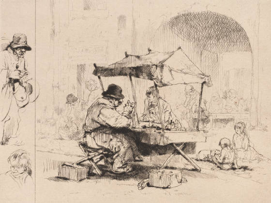 布鲁埃版画《商人在他的摊位上,有孩童玩耍》