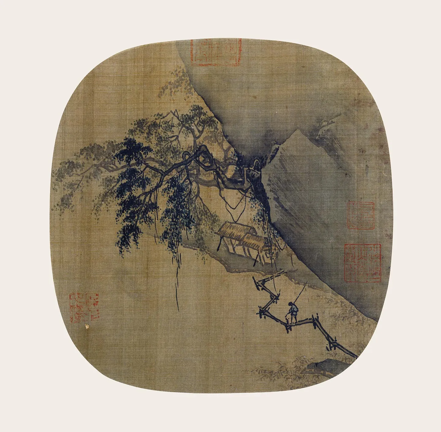 传夏圭山水画《渔村归钓图》团扇页