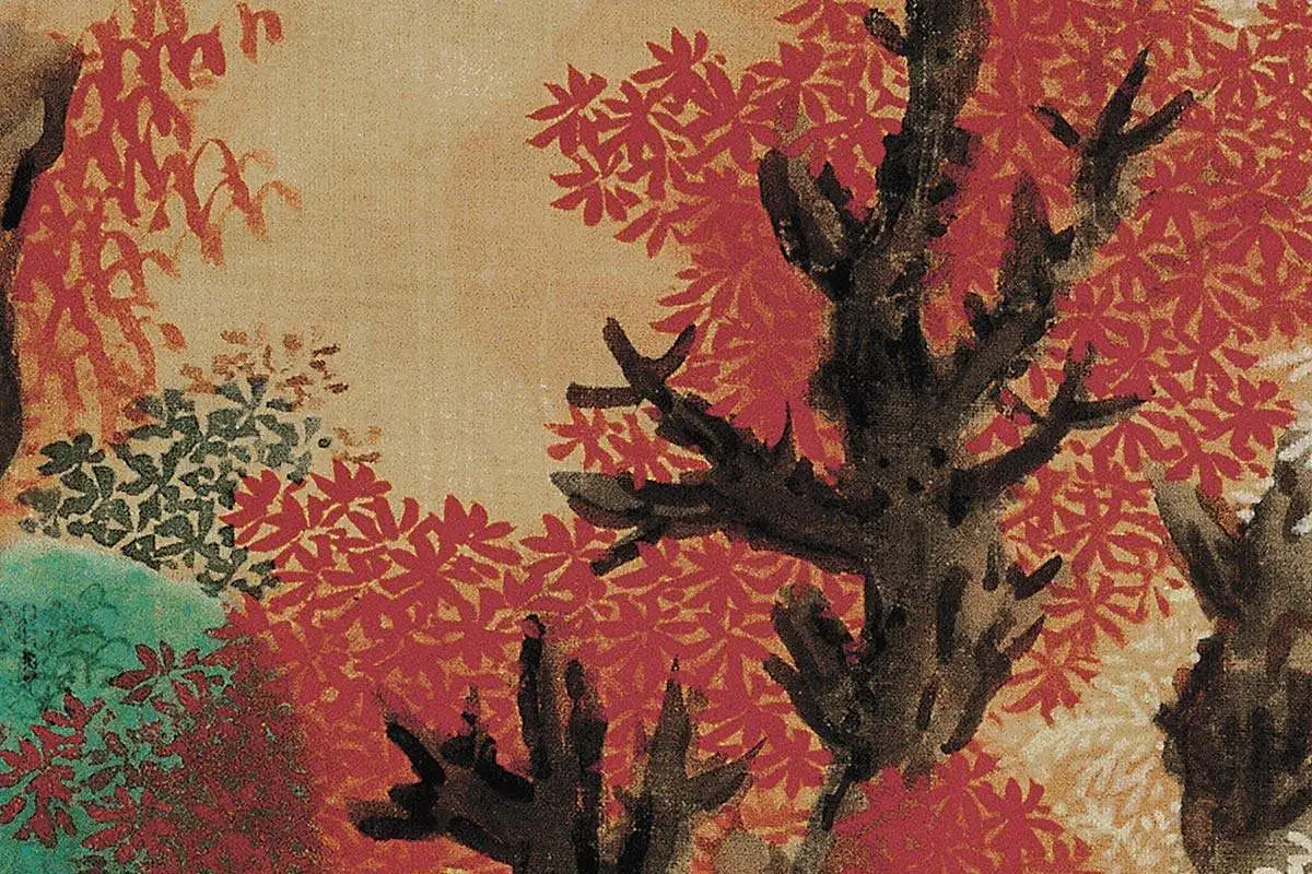 蓝瑛青《白云红树图》高清大图局部细节 (3)