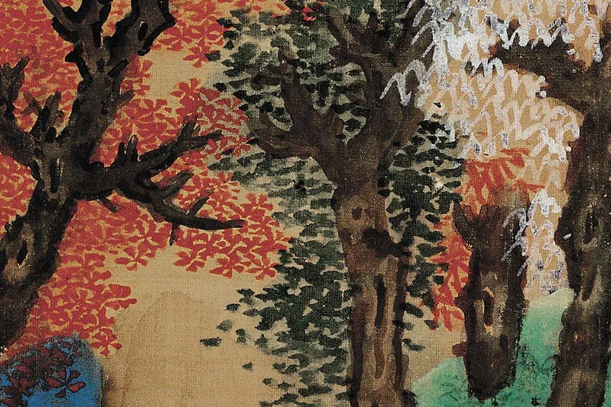 蓝瑛青《白云红树图》高清大图局部细节 (10)