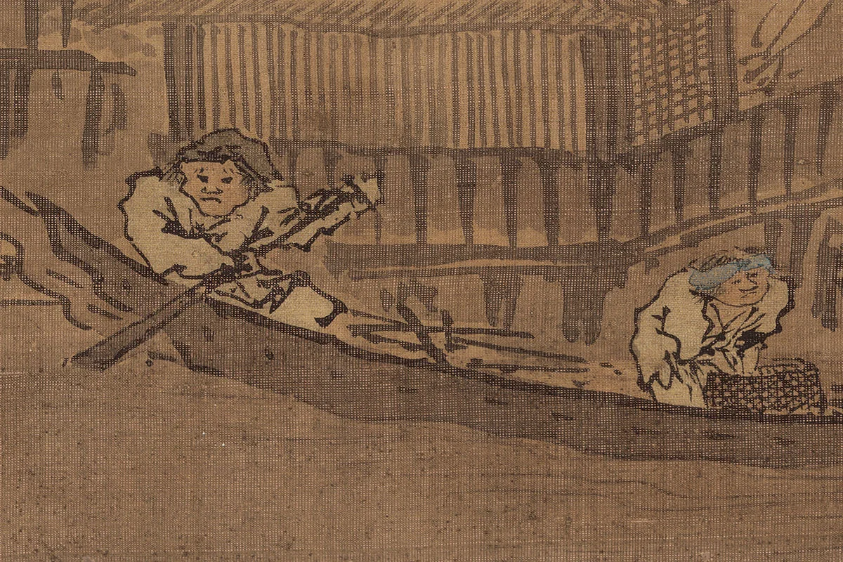 朱邦山水画人物画《寒江渔村图》高清大图局部细节 (5)