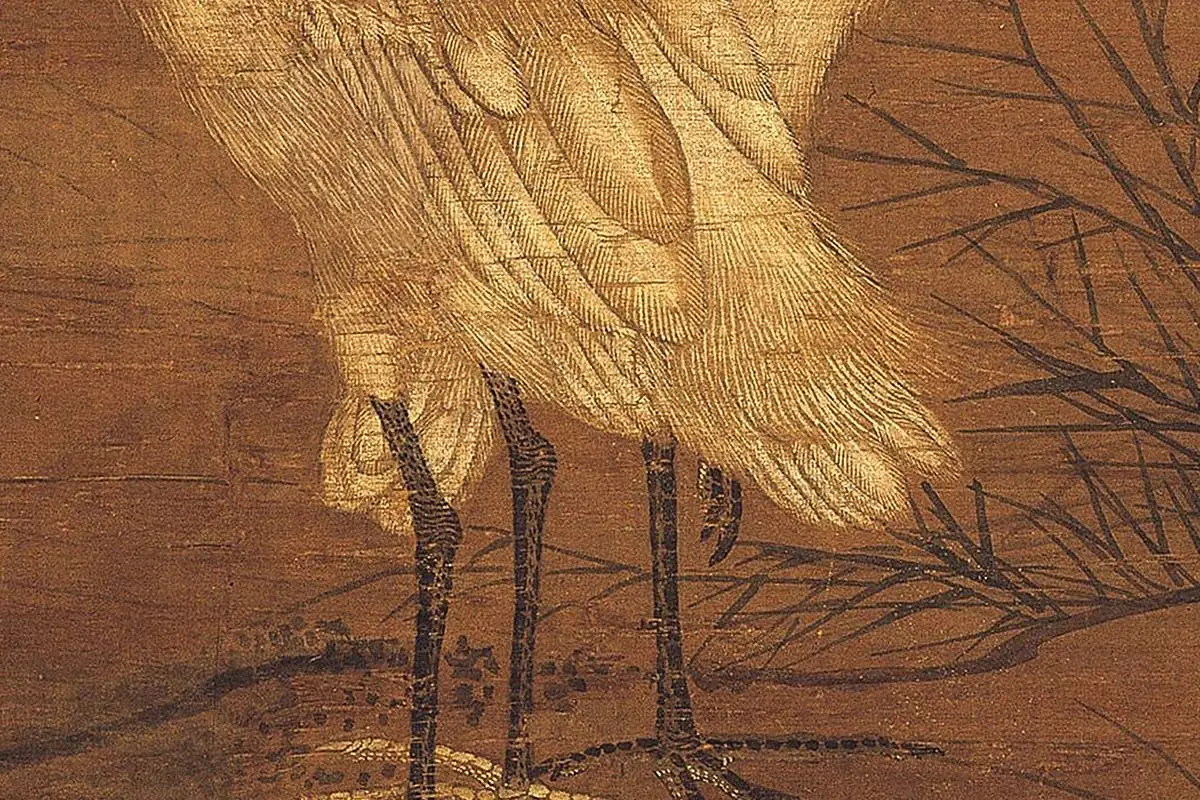 明·郑石花鸟画《芙蓉白鹭图》高清大图局部细节 (2)