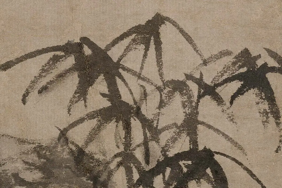 倪瓒水墨画《梧竹秀石图》高清大图局部细节 (3)