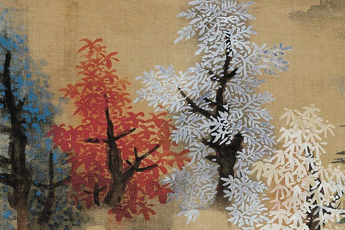 蓝瑛青《白云红树图》高清大图局部细节 (8)