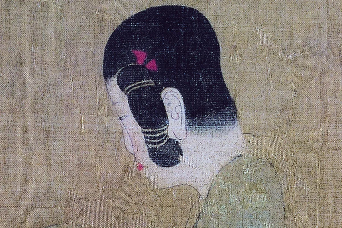 周昉仕女人物画《调琴啜茗图》高清大图局部细节 (5)