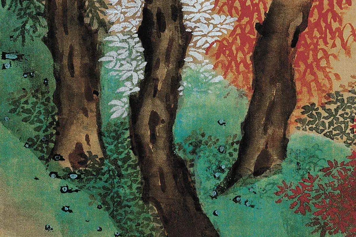 蓝瑛青《白云红树图》高清大图局部细节 (4)