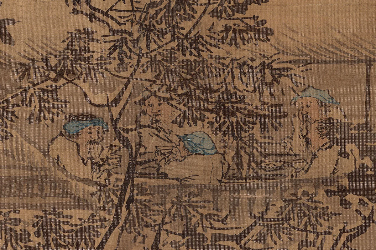 朱邦山水画人物画《寒江渔村图》高清大图局部细节 (3)