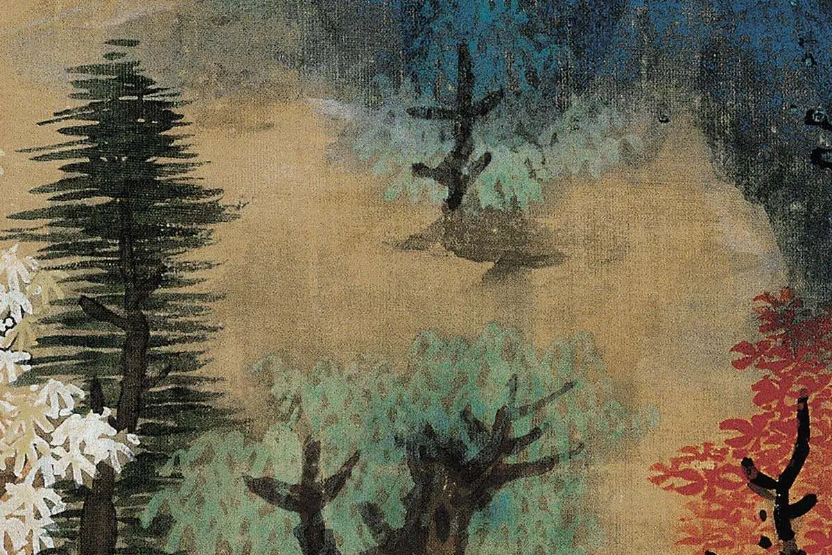 蓝瑛青《白云红树图》高清大图局部细节 (9)