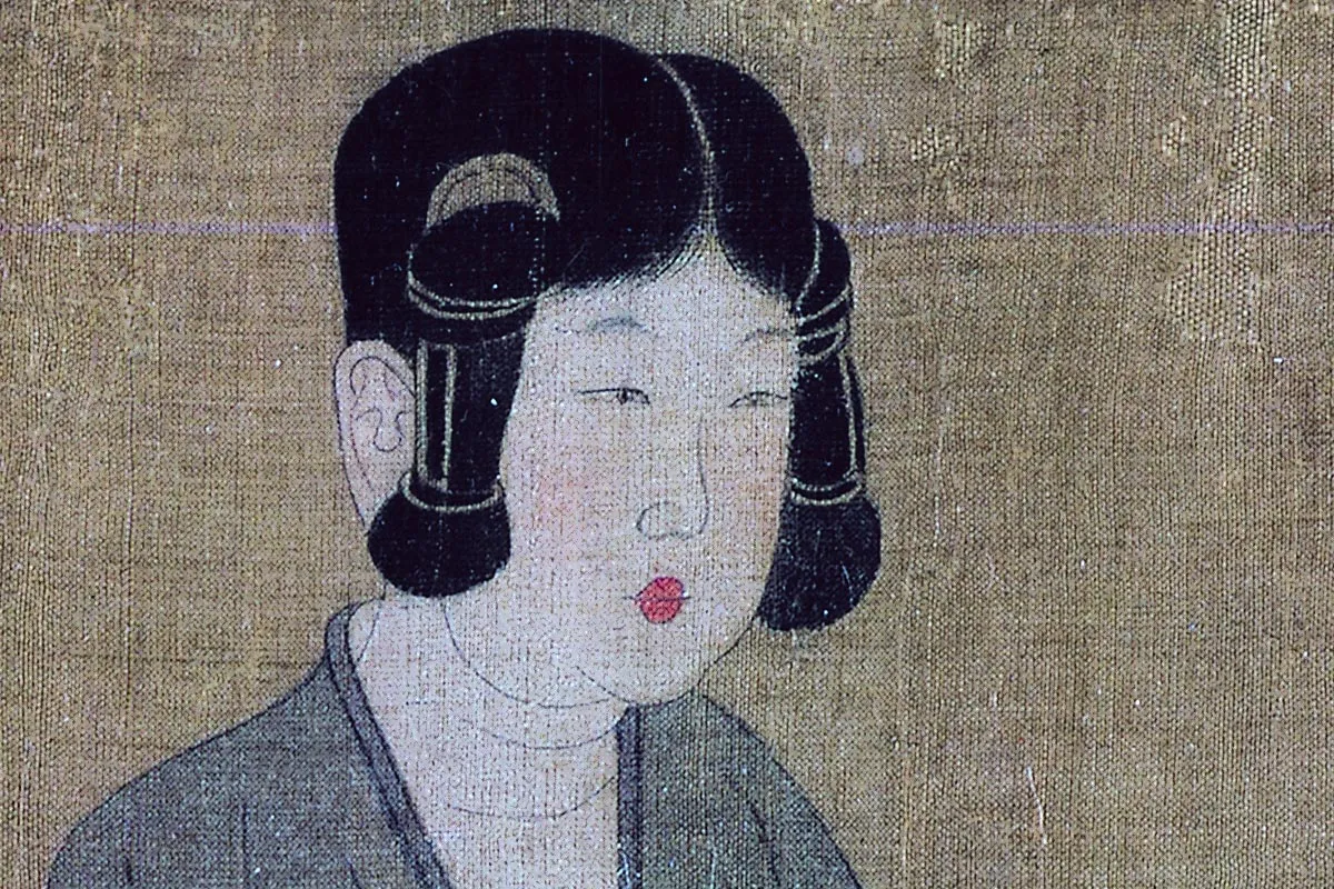 周昉仕女人物画《调琴啜茗图》高清大图局部细节 (7)