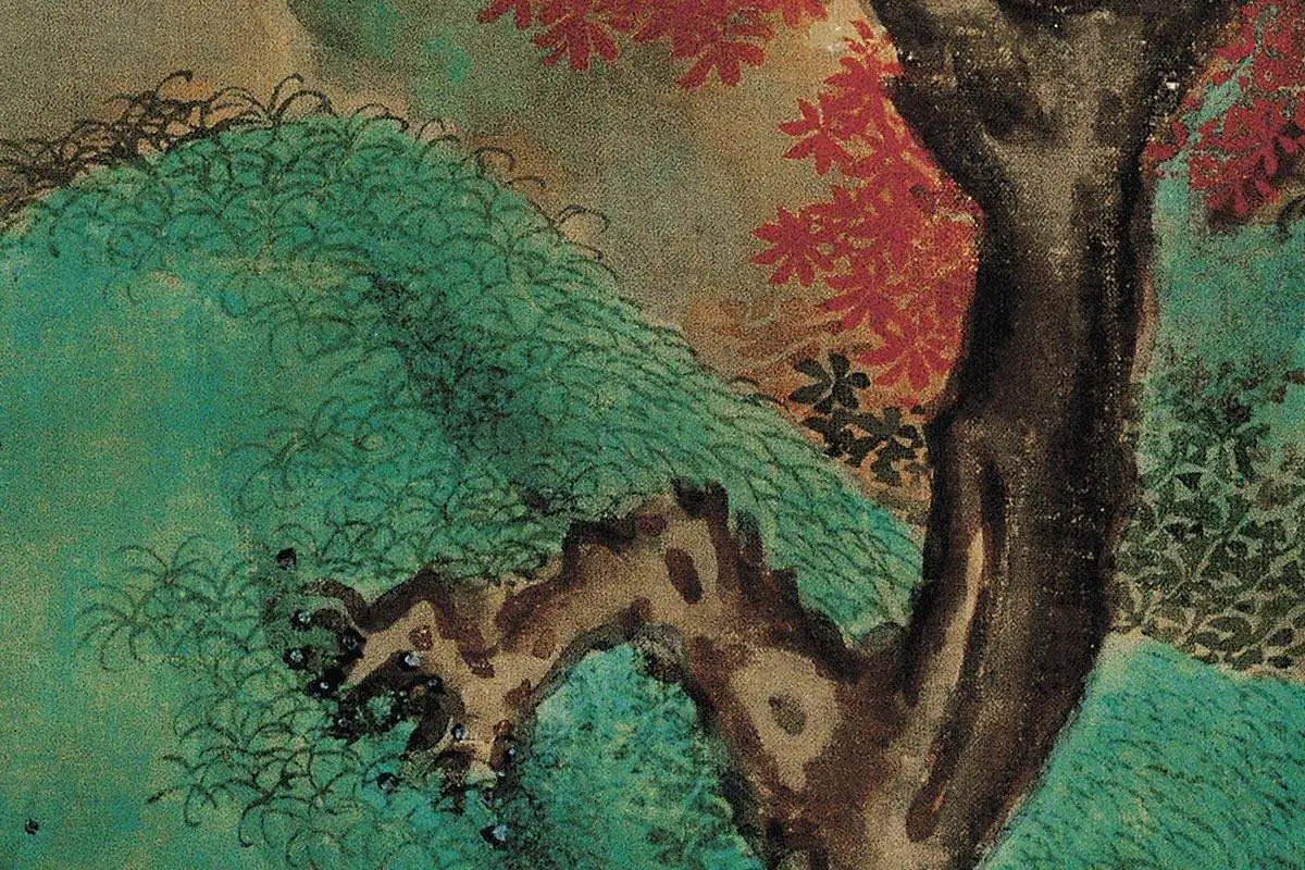 蓝瑛青《白云红树图》高清大图局部细节 (5)