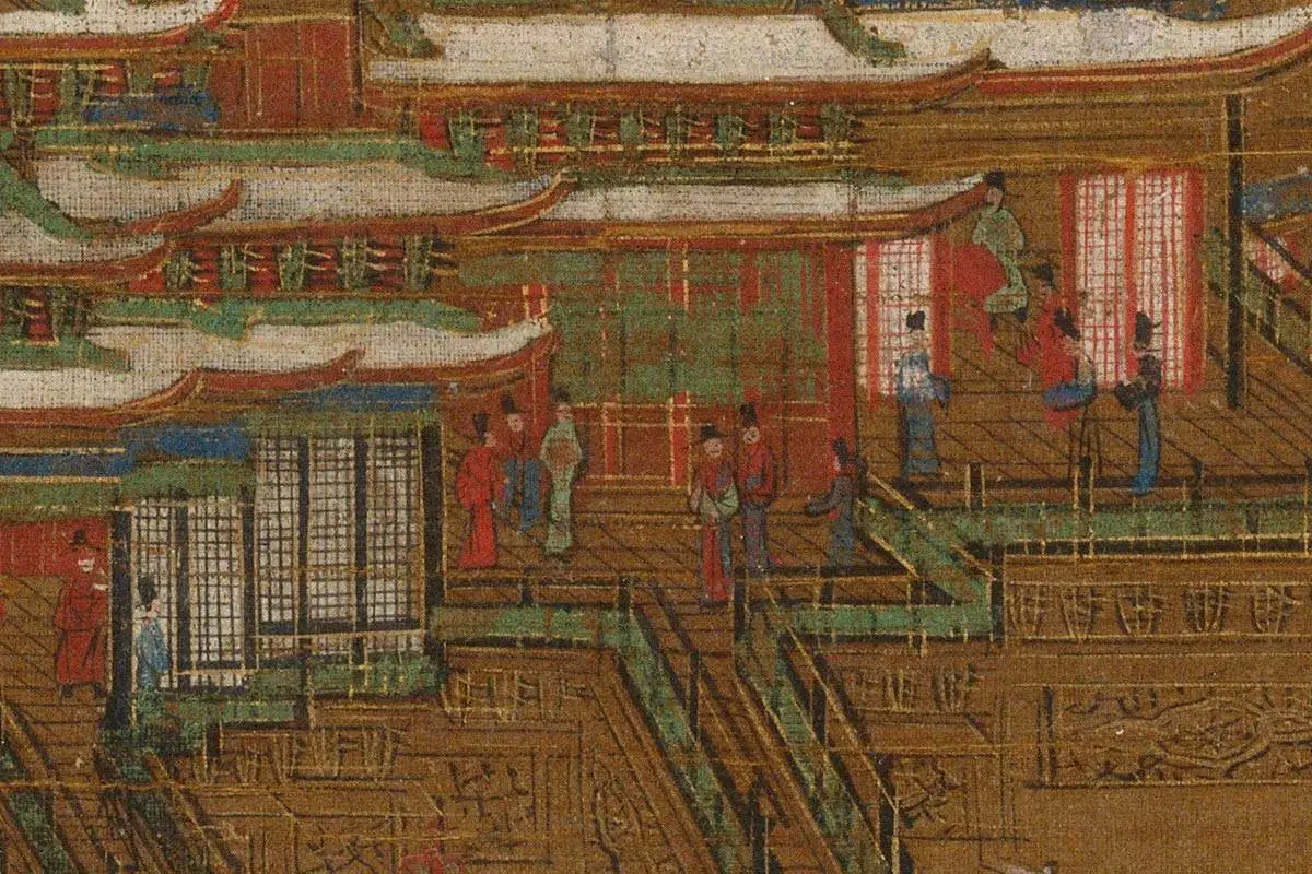 青绿山水楼阁《京畿瑞雪图》高清大图局部细节 (4)