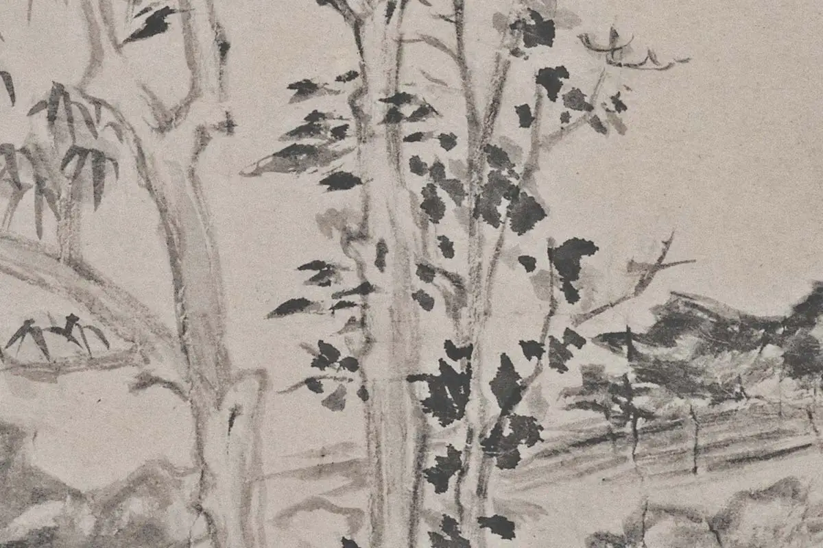 倪瓒山水画《秋亭嘉树图》高清大图局部细节 (5)