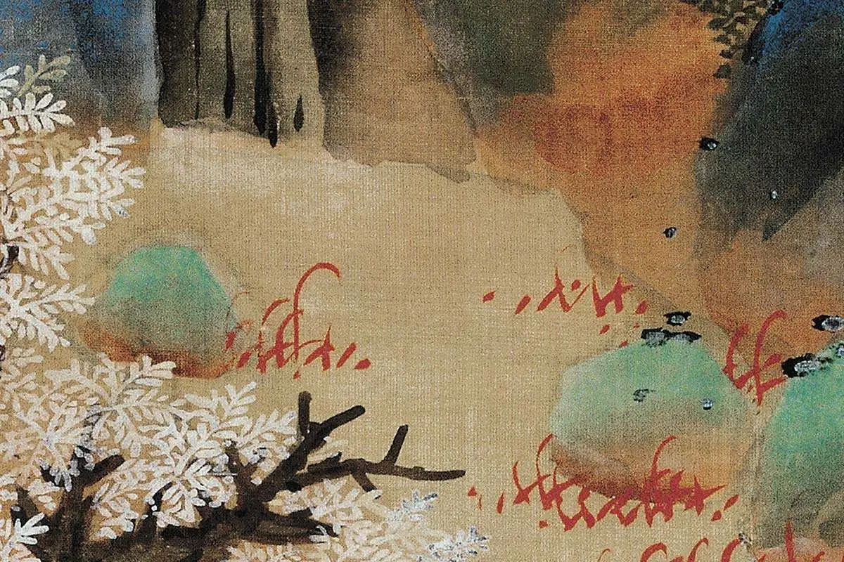 蓝瑛青《白云红树图》高清大图局部细节 (2)