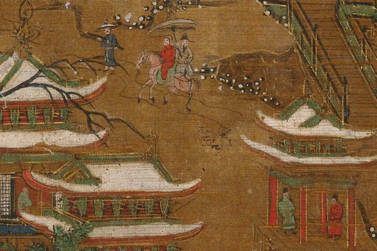 青绿山水楼阁《京畿瑞雪图》高清大图局部细节 (8)