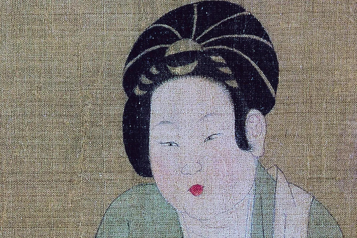 周昉仕女人物画《调琴啜茗图》高清大图局部细节 (1)