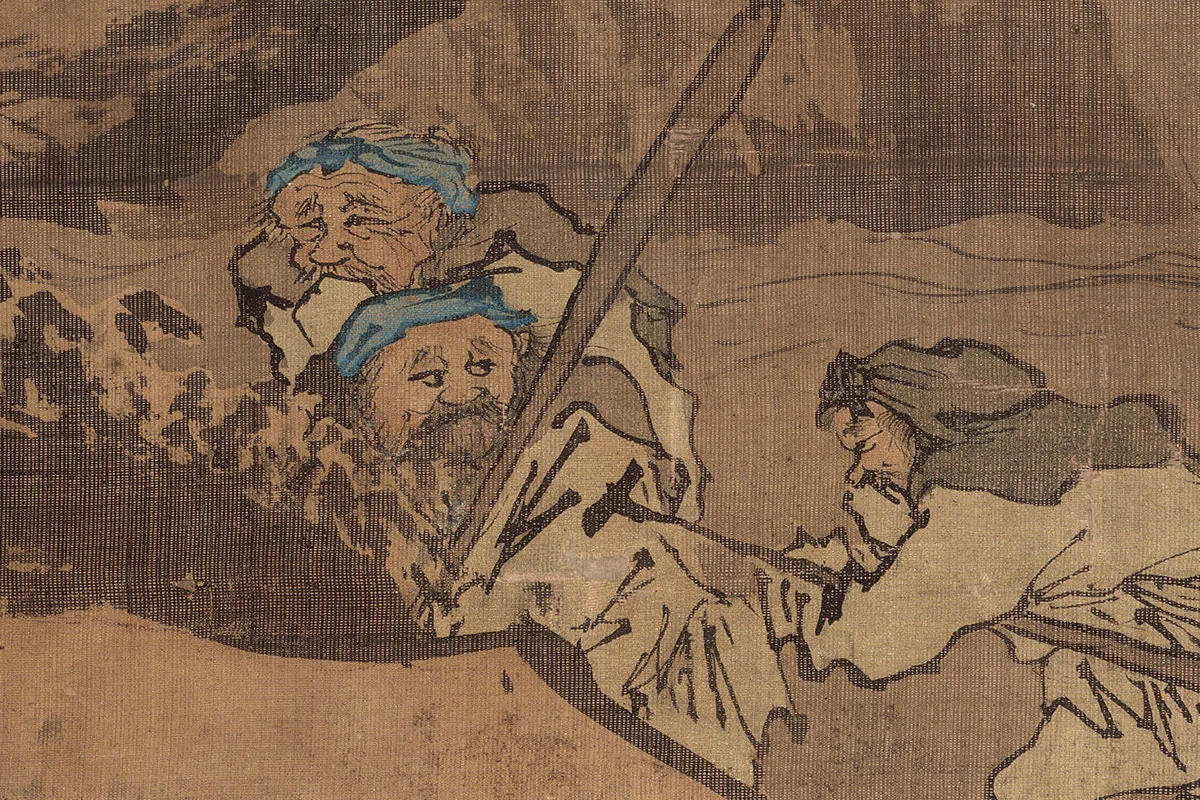 朱邦山水画人物画《寒江渔村图》高清大图局部细节 (2)