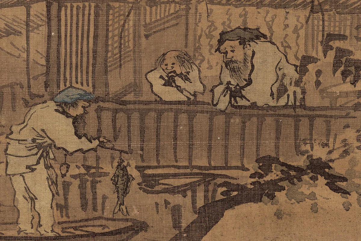 朱邦山水画人物画《寒江渔村图》高清大图局部细节 (4)