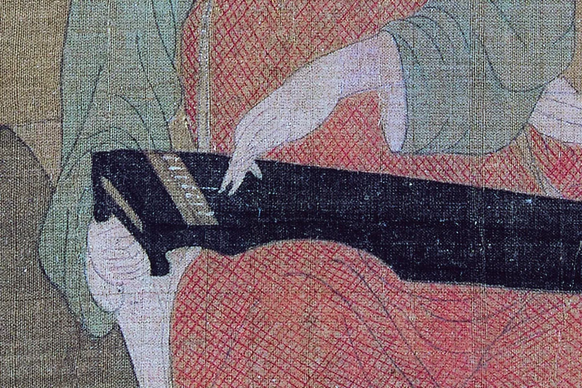 周昉仕女人物画《调琴啜茗图》高清大图局部细节 (2)