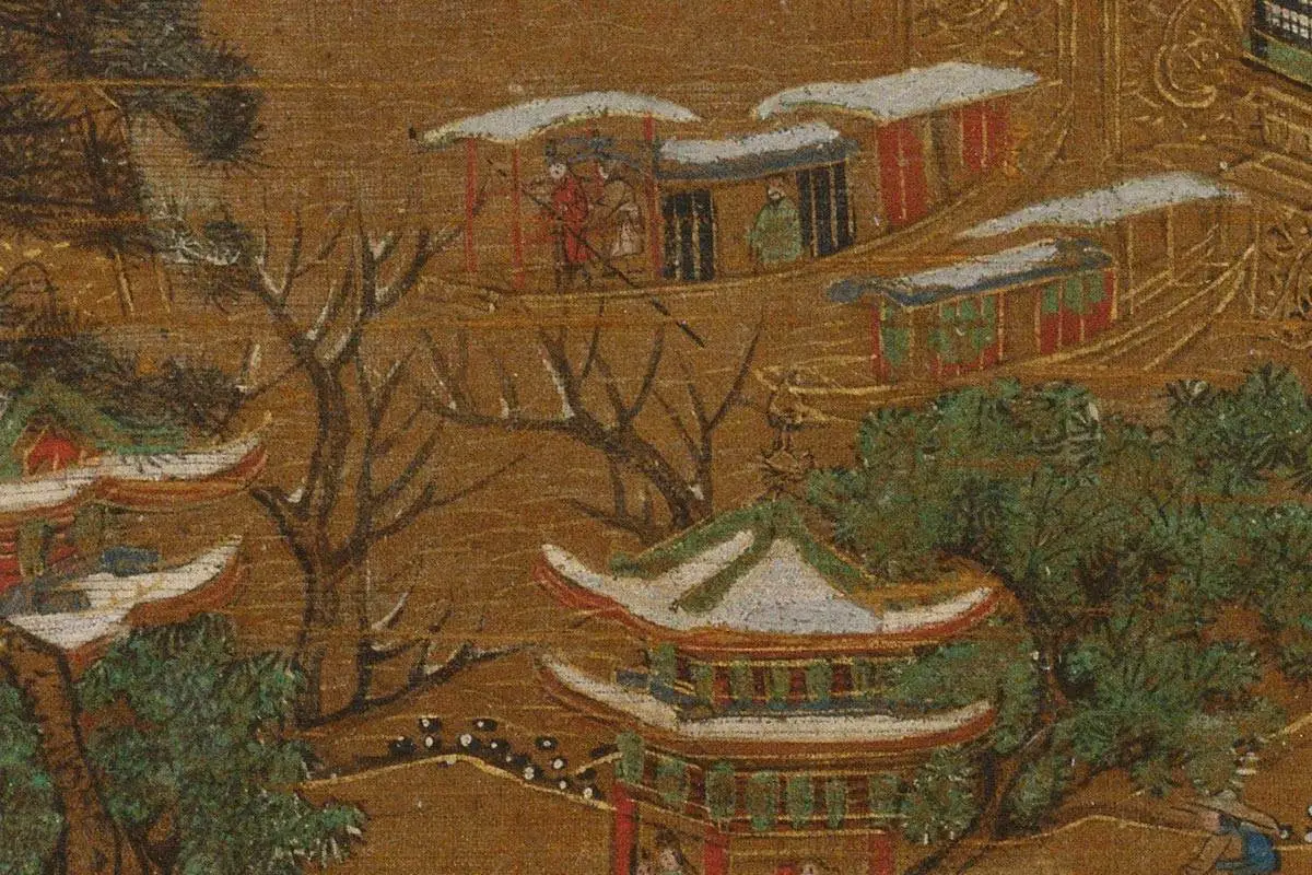 青绿山水楼阁《京畿瑞雪图》高清大图局部细节 (16)