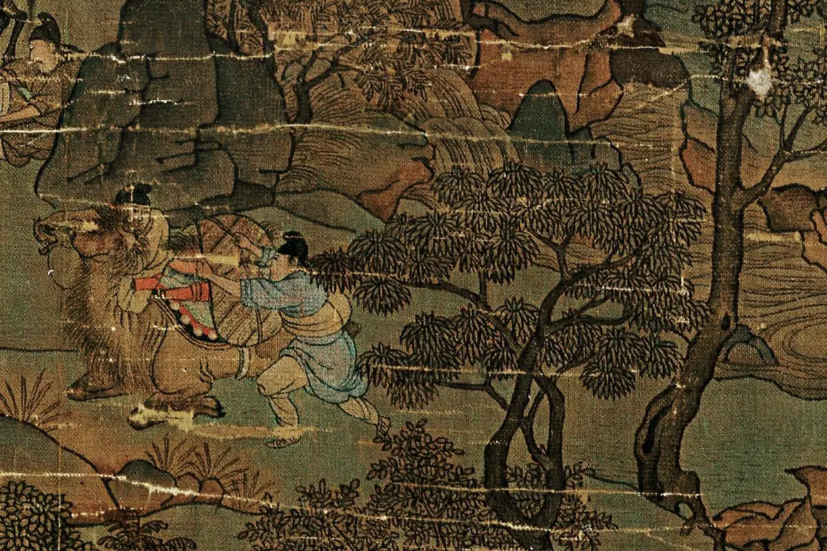 青绿山水人物画《明皇幸蜀图》高清大图局部细节 (3)