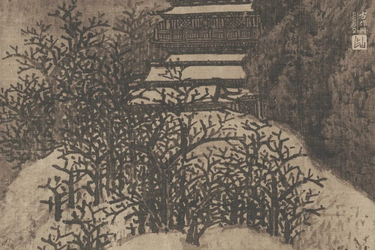 范宽雪景山水画《雪景寒林图》高清大图局部细节 (1)