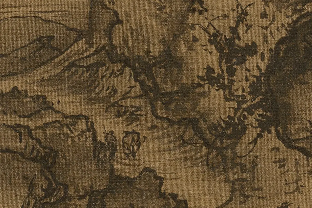 团扇书画扇面《溪山行旅图》局部细节 (1)