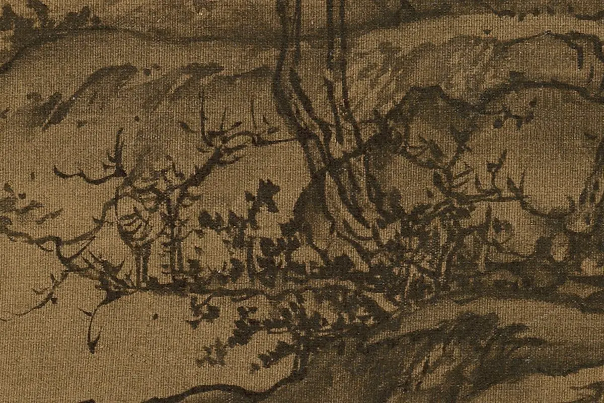 团扇书画扇面《溪山行旅图》局部细节 (3)