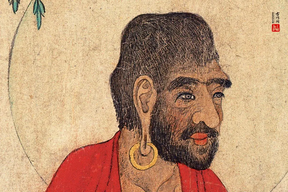 赵孟頫人物画《红衣罗汉图》高清大图局部细节 (1)