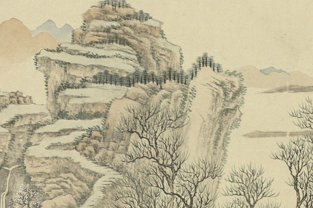 周鲲仿王翚山水“溪村春晓”春景山水画局部 (3)