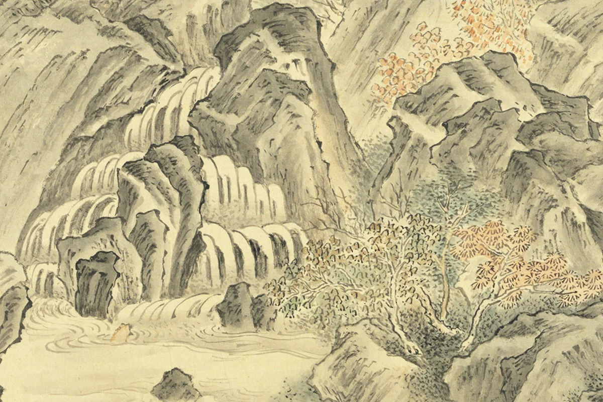 周鲲摹唐寅终南十景图·金碧潭山水人物画局部 (4)