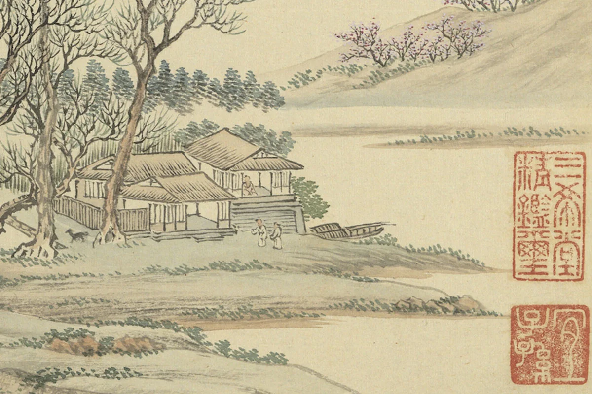 周鲲仿王翚山水“溪村春晓”春景山水画局部 (2)