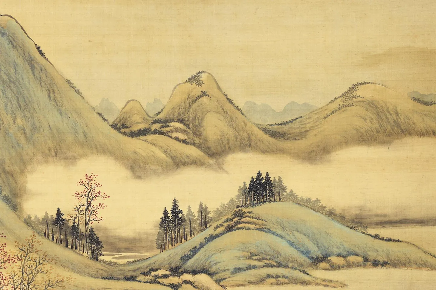 唐岱青绿山水画《秋林读易图》局部-06