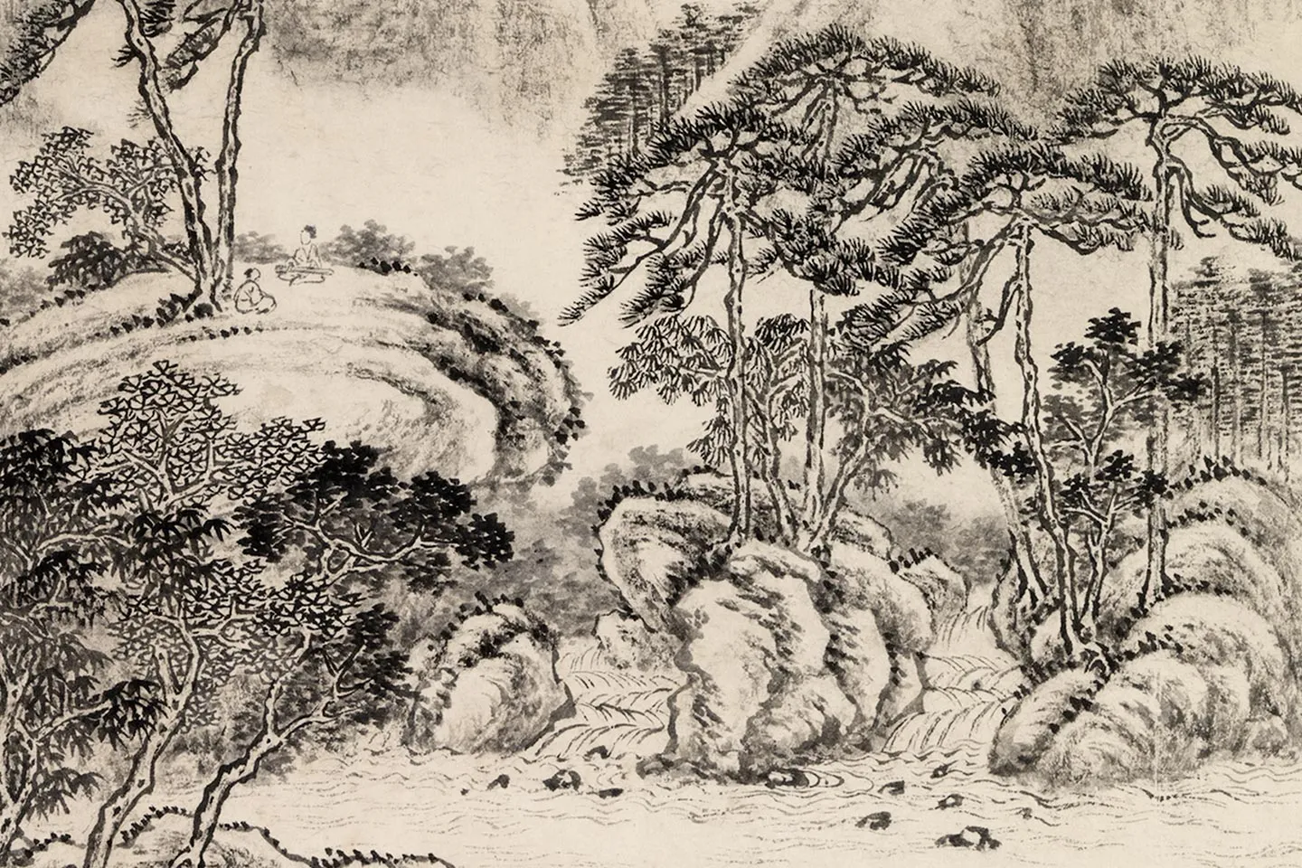 唐岱水墨山水画《松阴抚琴图》局部 (2)