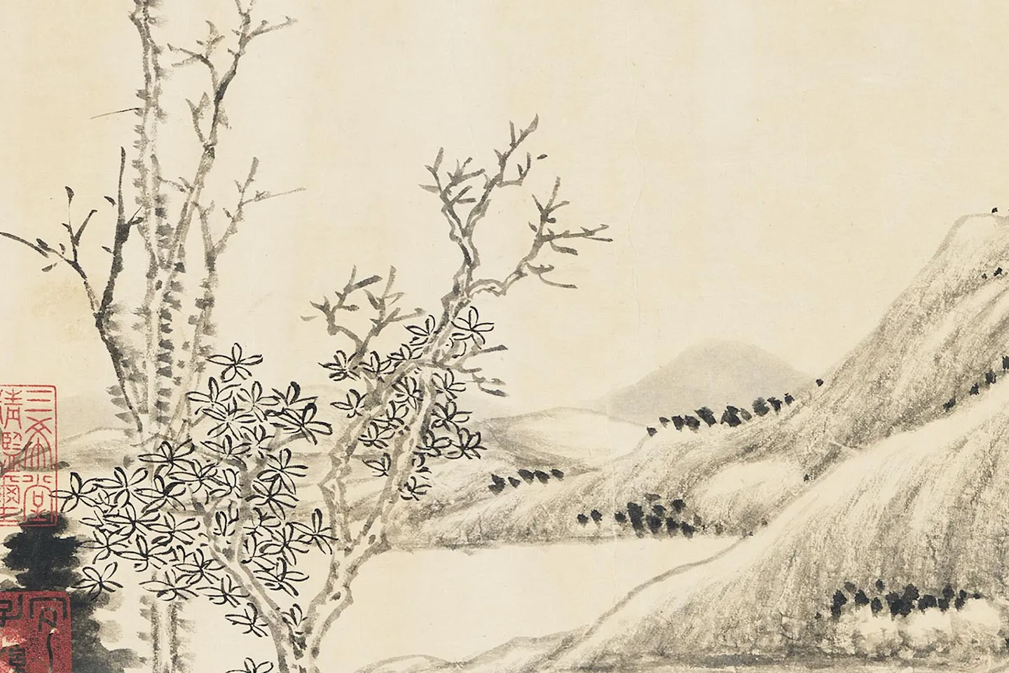 唐岱《仿倪瓒清閟阁图》水墨山水局部 (5)