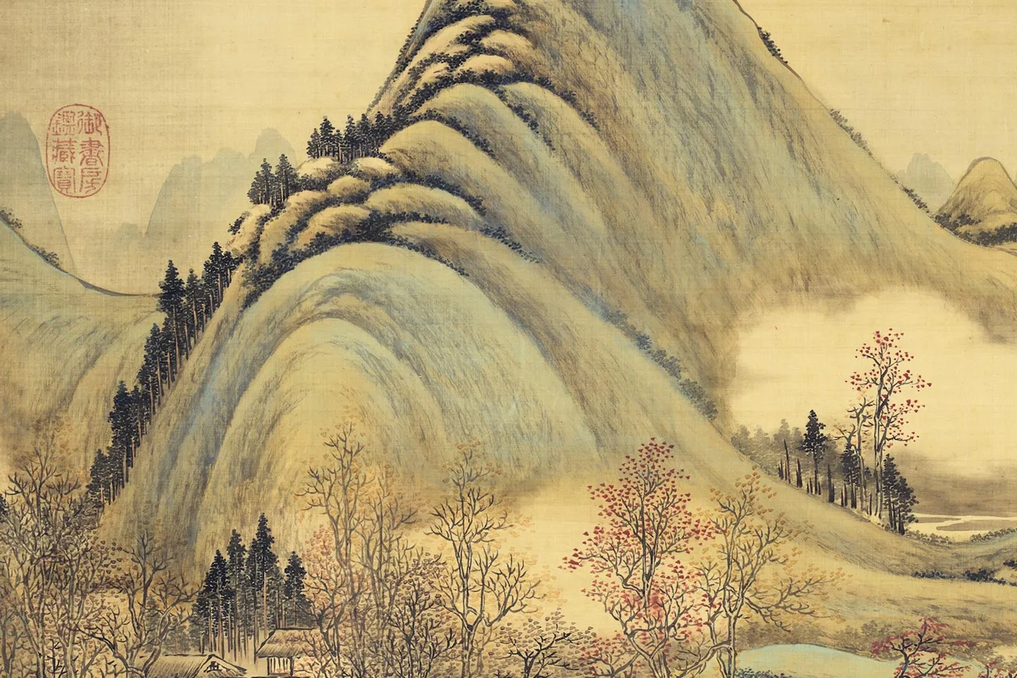 唐岱青绿山水画《秋林读易图》局部-07