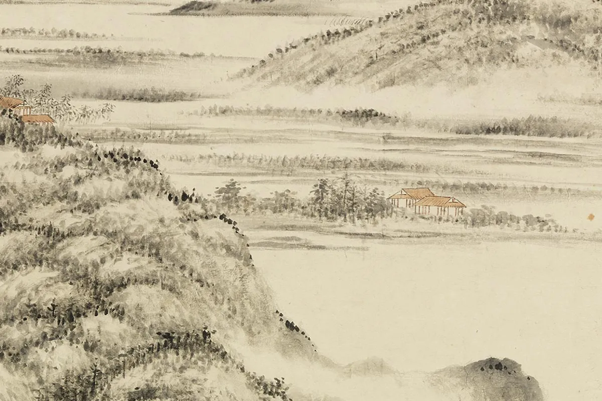 方士庶田园山水画《仿董源夏山烟霭图》局部 (5)