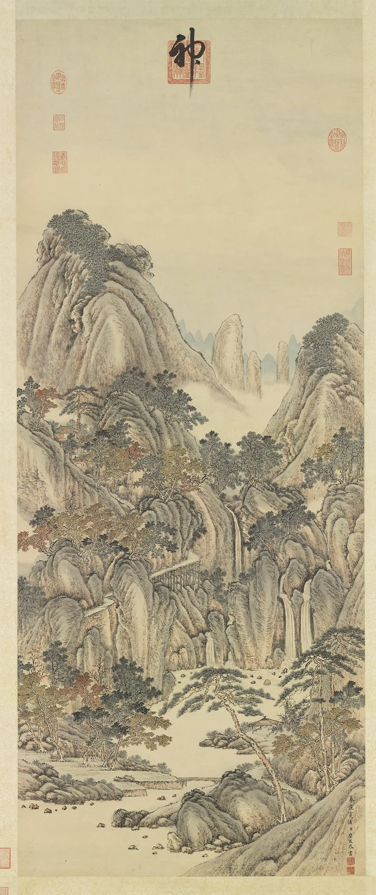 唐岱山水画《仿范宽秋山瀑布》