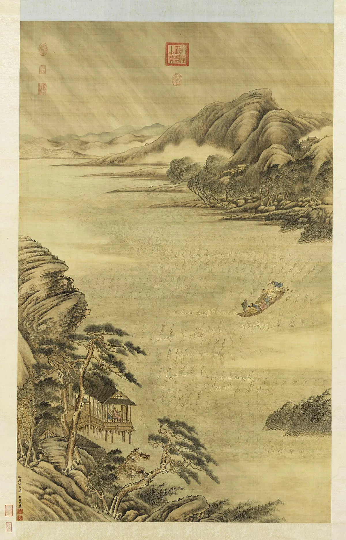 唐岱山水画《风雨归舟图》轴