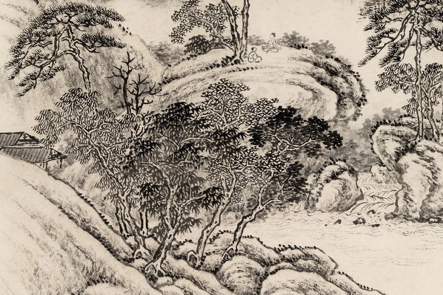 唐岱水墨山水画《松阴抚琴图》局部 (1)