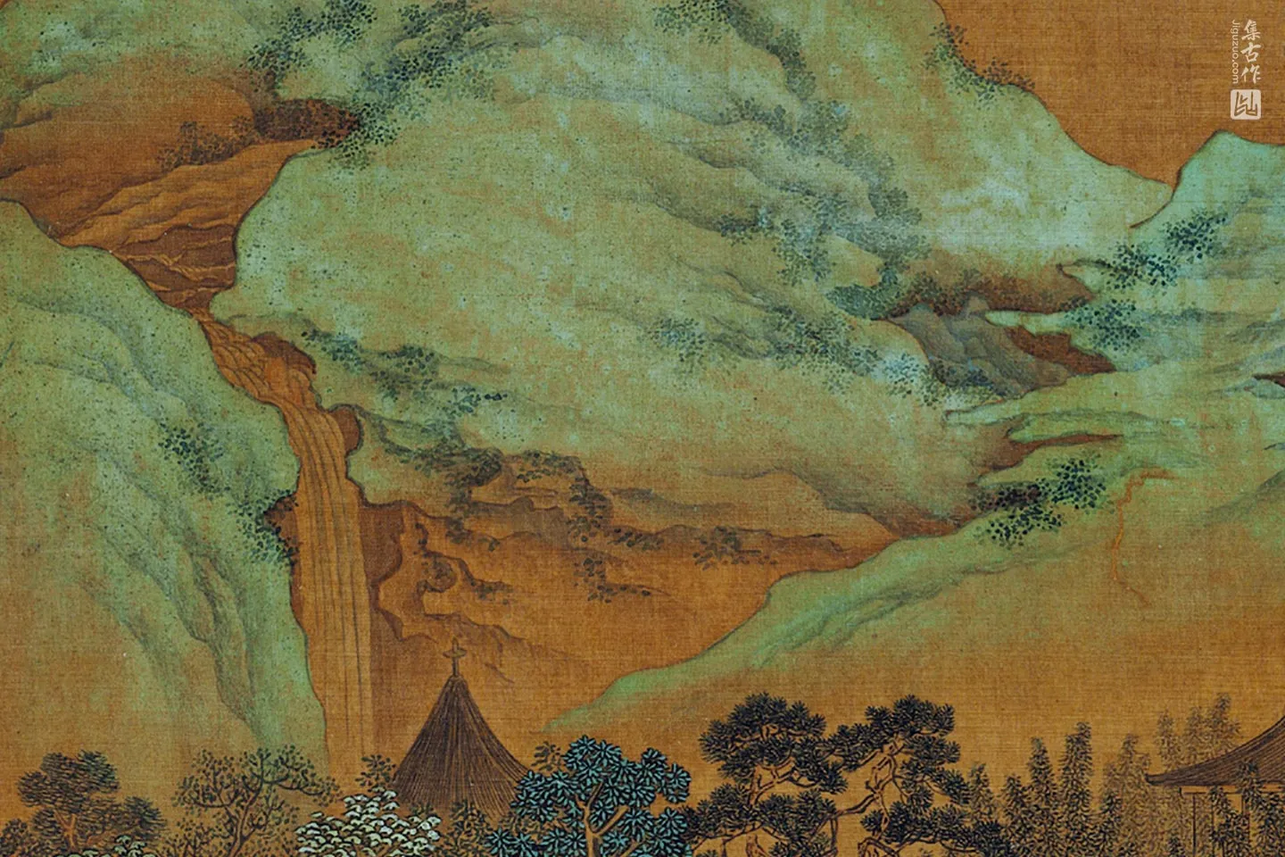 刘松年青绿山水《飞楼观瀑图》局部 (4)