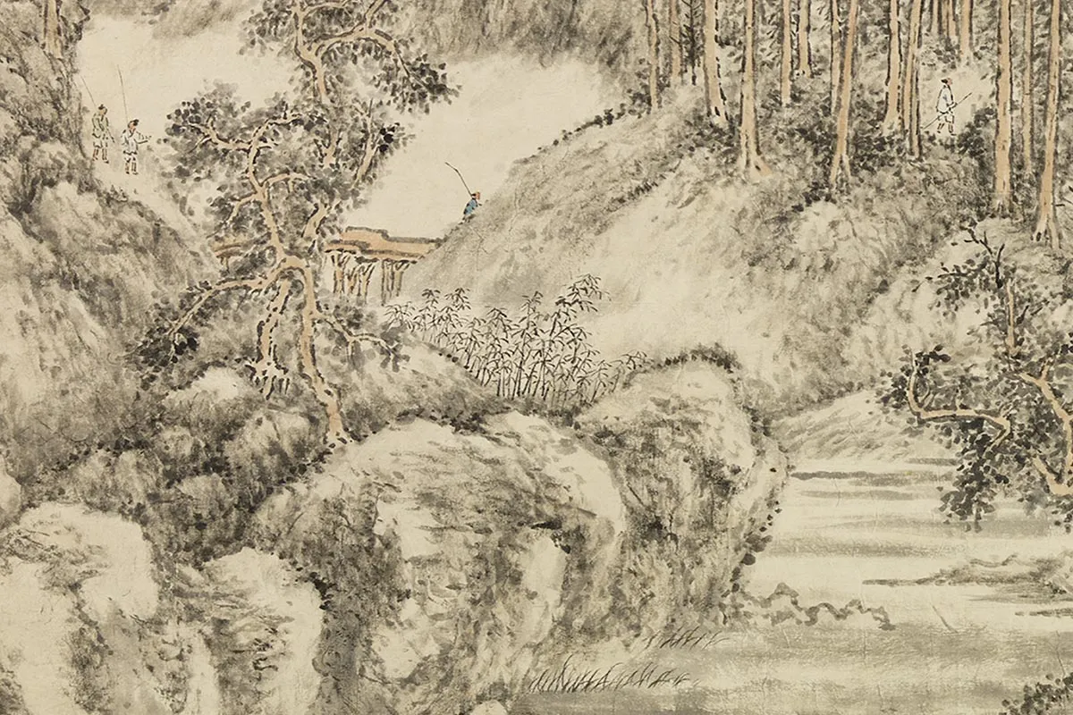 方士庶田园山水画《仿董源夏山烟霭图》局部 (2)