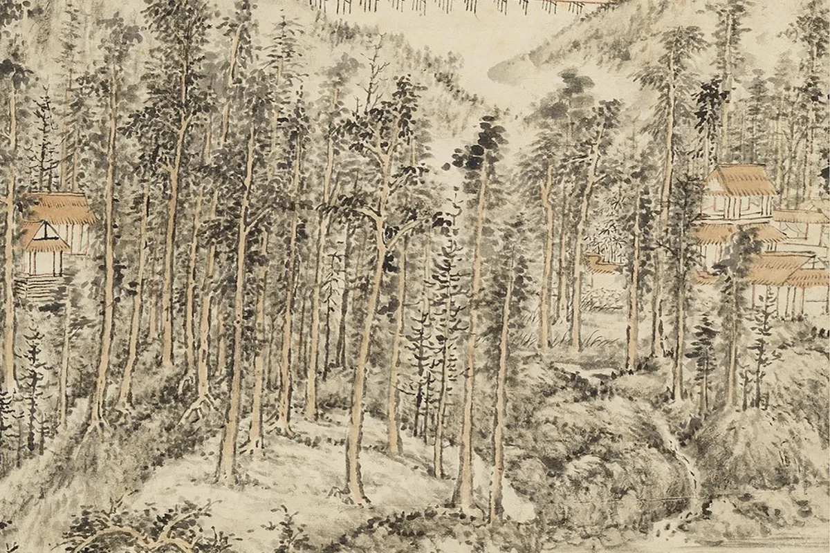 方士庶田园山水画《仿董源夏山烟霭图》局部 (1)