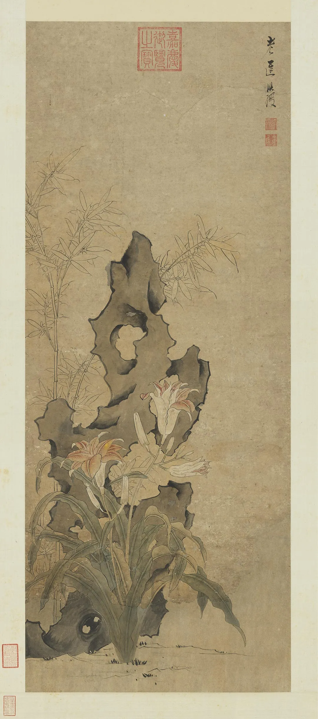 陈洪绶《萱花竹石图》轴