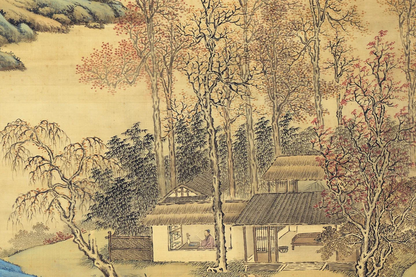 唐岱青绿山水画《秋林读易图》局部-02