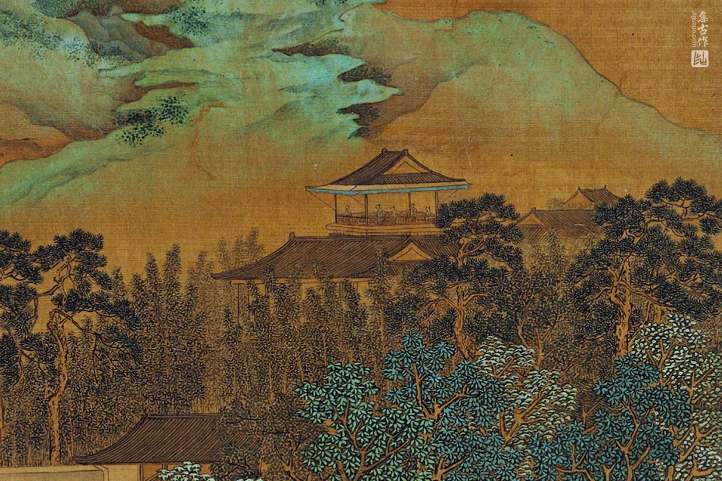 刘松年青绿山水《飞楼观瀑图》局部 (3)