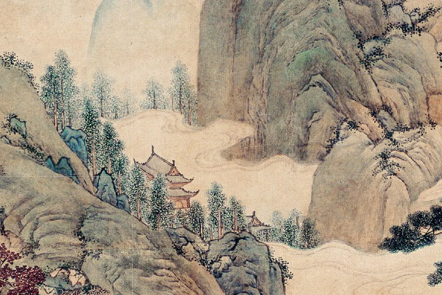 仇英青绿山水画《枫江垂钓图》局部 (5)