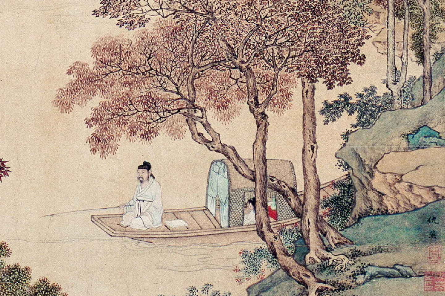 仇英青绿山水画《枫江垂钓图》局部 (1)